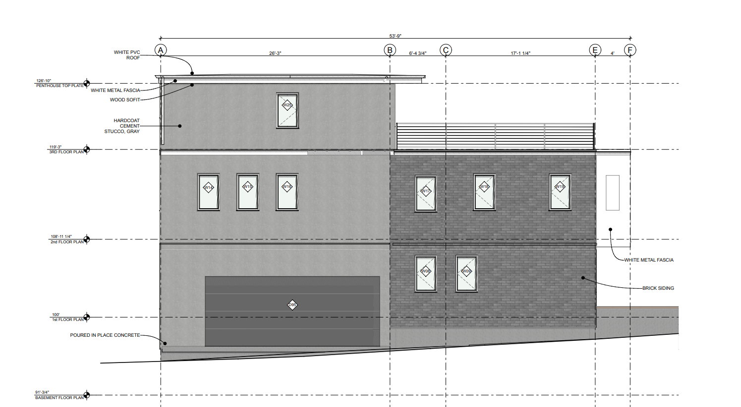 Architectural Elevation Plan. Detailing exterior finishes and structural dimensions for the property