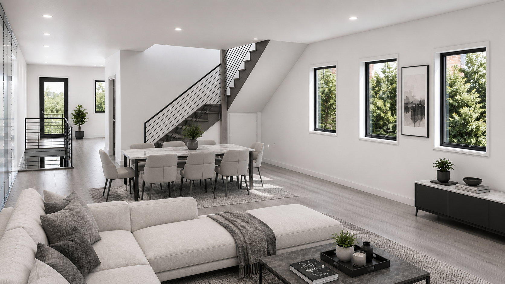 Open-concept living area featuring light wood-finish flooring, a modern black metal staircase railing, and multiple large windows with black frames