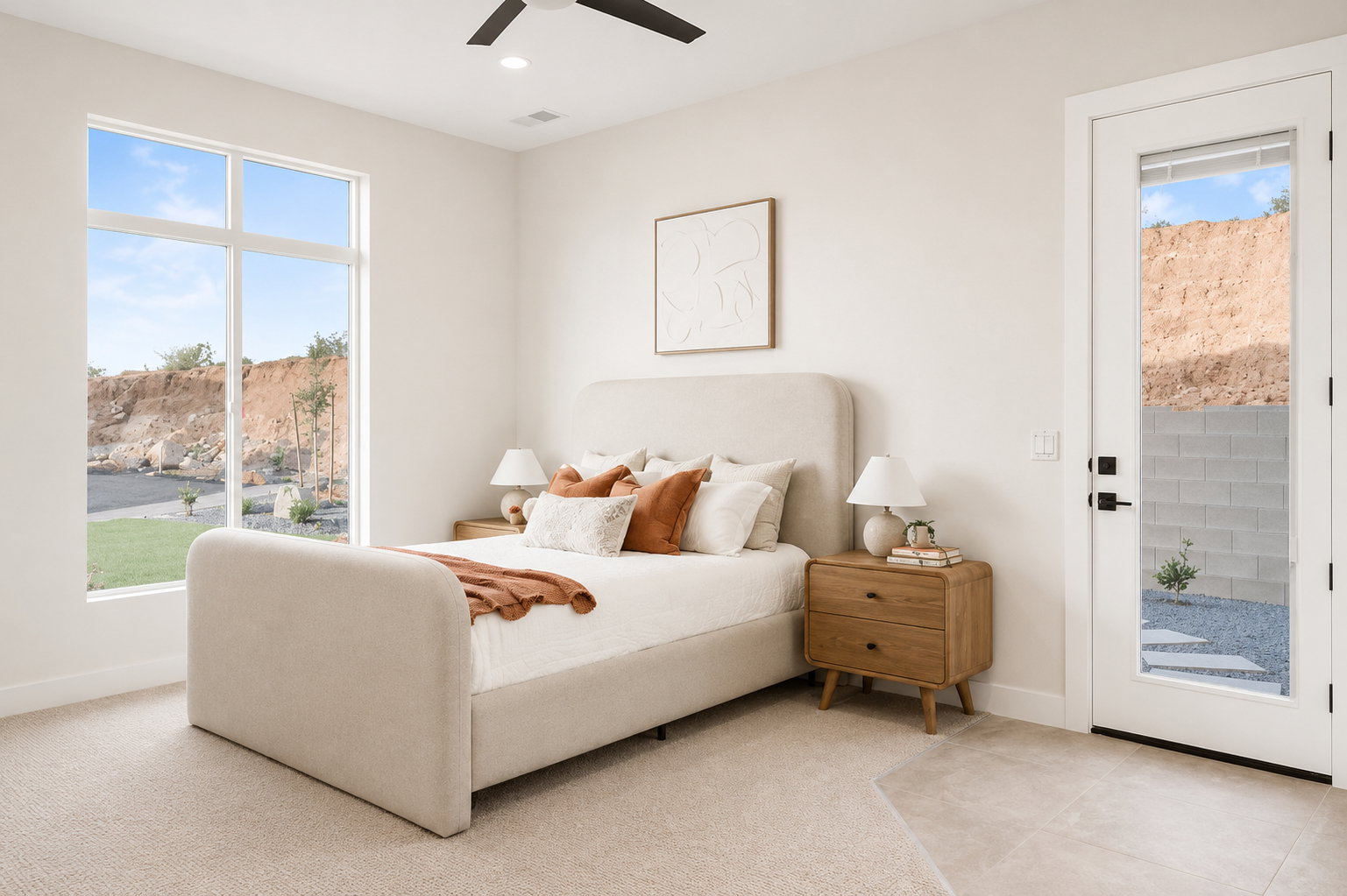 Room featuring a large picture window, a glass-paneled exterior door, a ceiling fan, recessed lighting, and a combination of carpet and tile flooring