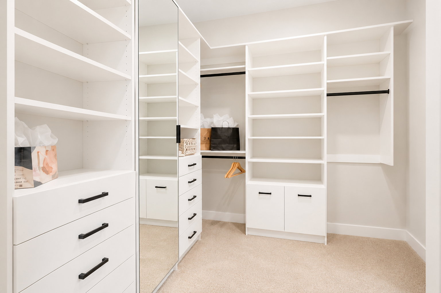 Custom built-in white cabinetry featuring multiple shelving units, integrated drawers with dark hardware, a full-length mirrored door, and black hanging rods