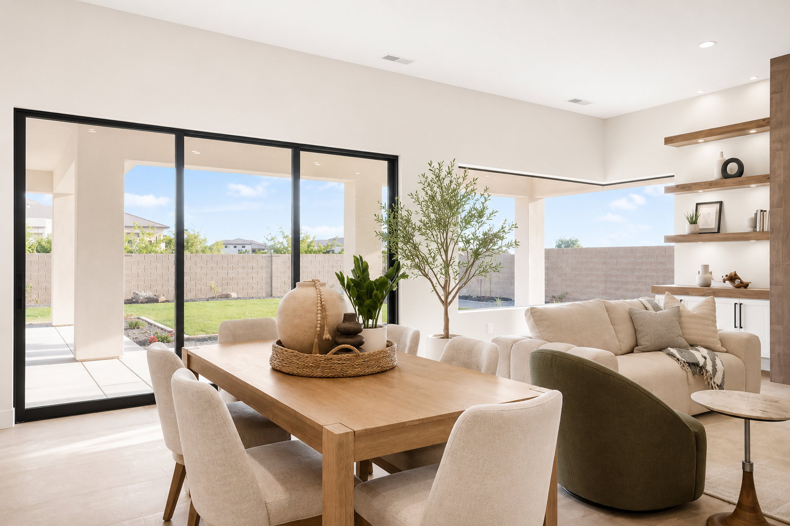 Open-concept interior featuring wood-finish flooring and expansive black-framed sliding glass doors leading to a backyard patio