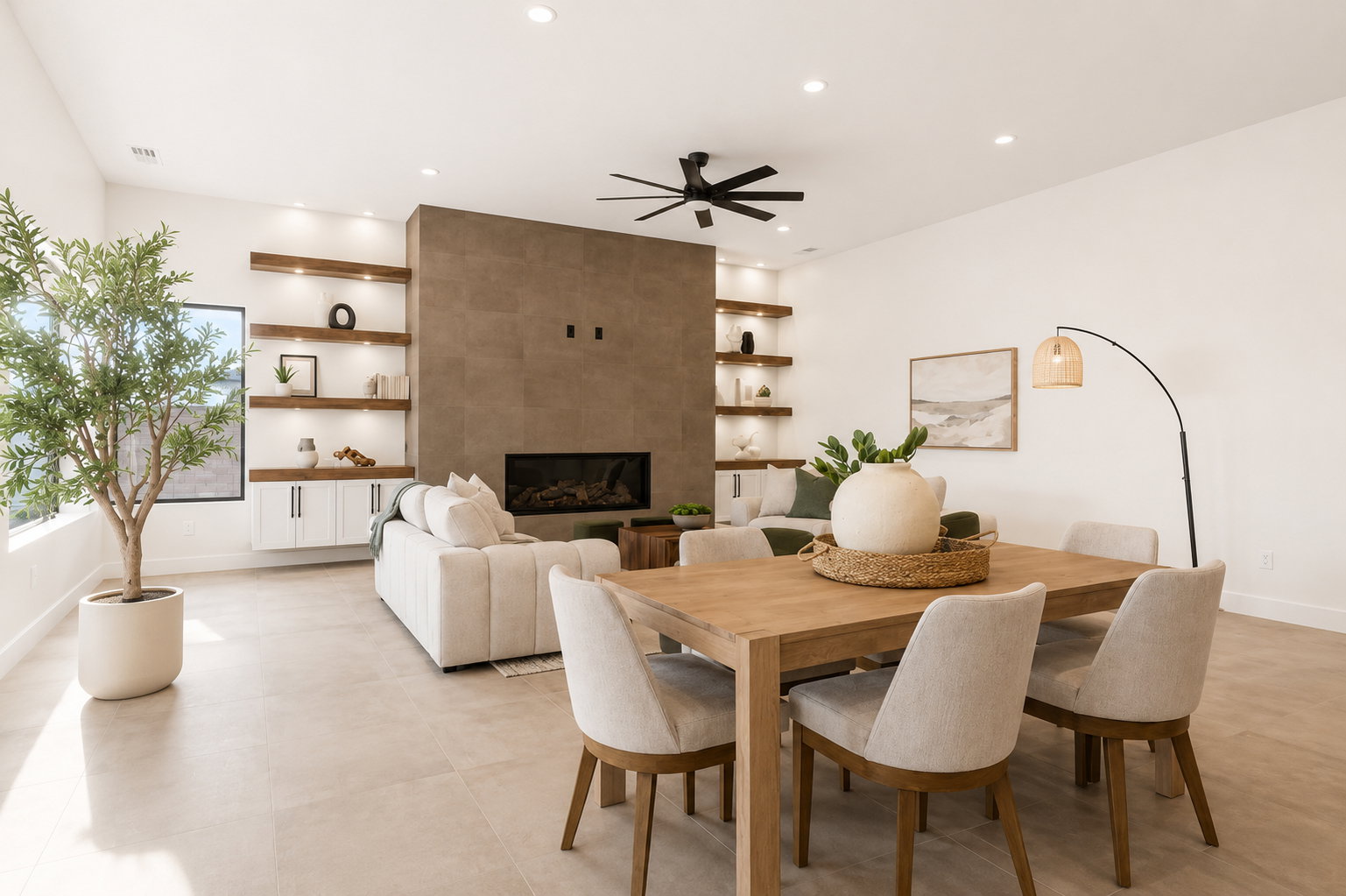 Open-concept living space featuring light-toned flooring and recessed lighting