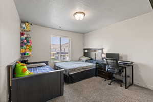 Carpeted spare bedroom featuring light neutral paint and large window