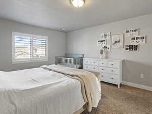 Bedroom featuring a large window with white plantation shutters, neutral paint, carpet flooring, a ceiling-mounted light fixture, and white baseboards