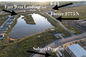 Aerial view showing the subject property near I-15, Farr West Landing, future 2775 N, and the growing Farr West/Pleasant View commercial corridor.