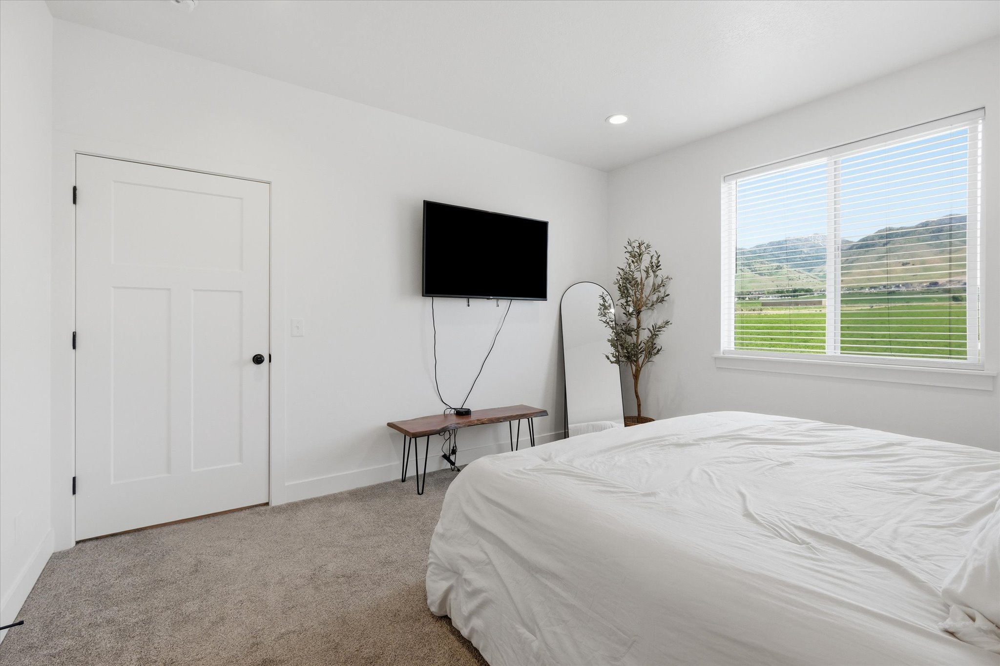 Bright interior space featuring a large window with horizontal blinds, carpeted flooring, and a modern three-panel interior door with matte black hardware