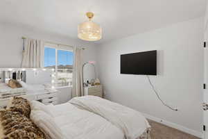 Bedroom featuring a ceiling-mounted light fixture, wall-mounted television, and a window with horizontal blinds and drapery