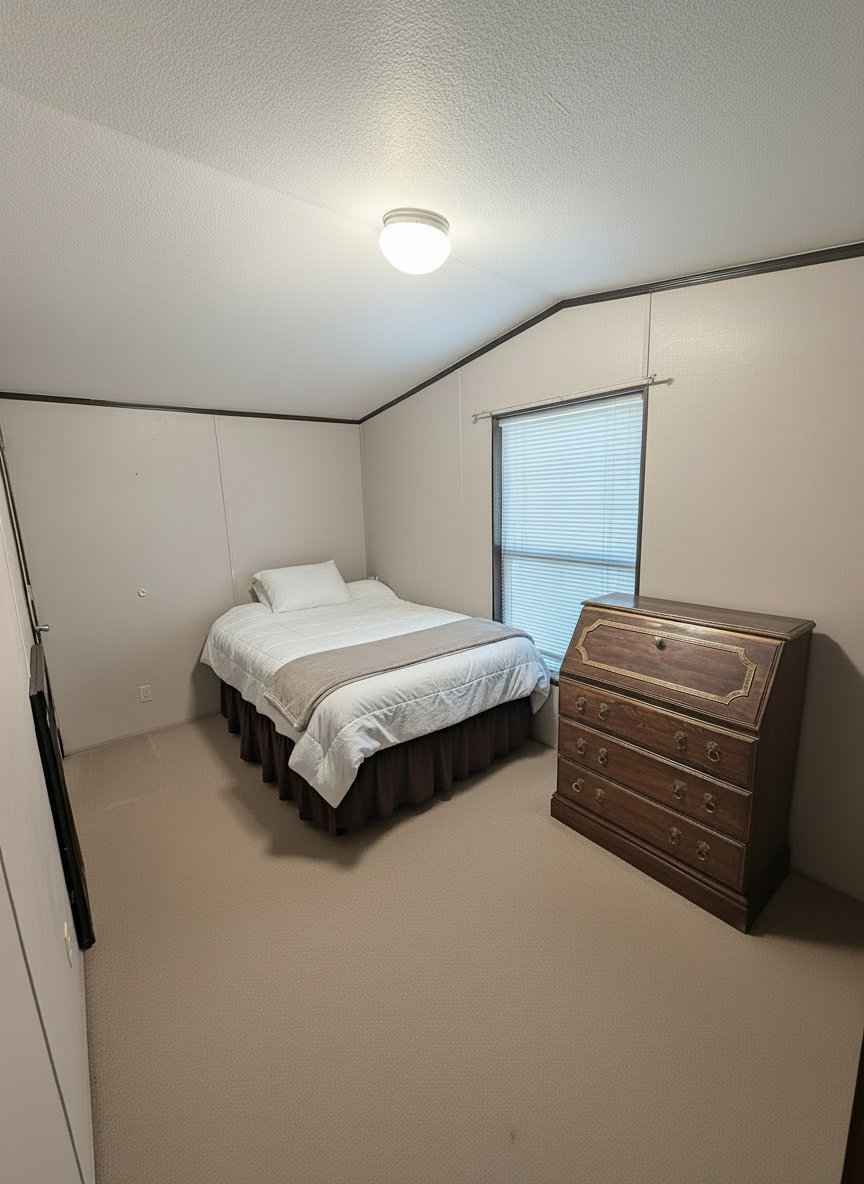 Carpeted room featuring a single window with blinds, a flush-mount ceiling light fixture, and neutral-toned walls with dark trim