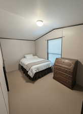 Carpeted room featuring a single window with blinds, a flush-mount ceiling light fixture, and neutral-toned walls with dark trim