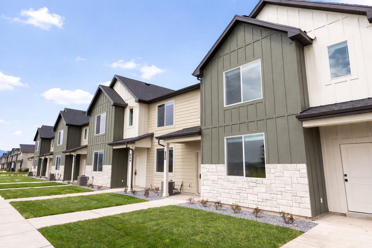 Modern townhome exterior featuring two-tone siding, stone-look accents, white-framed windows, and a dark shingle roof