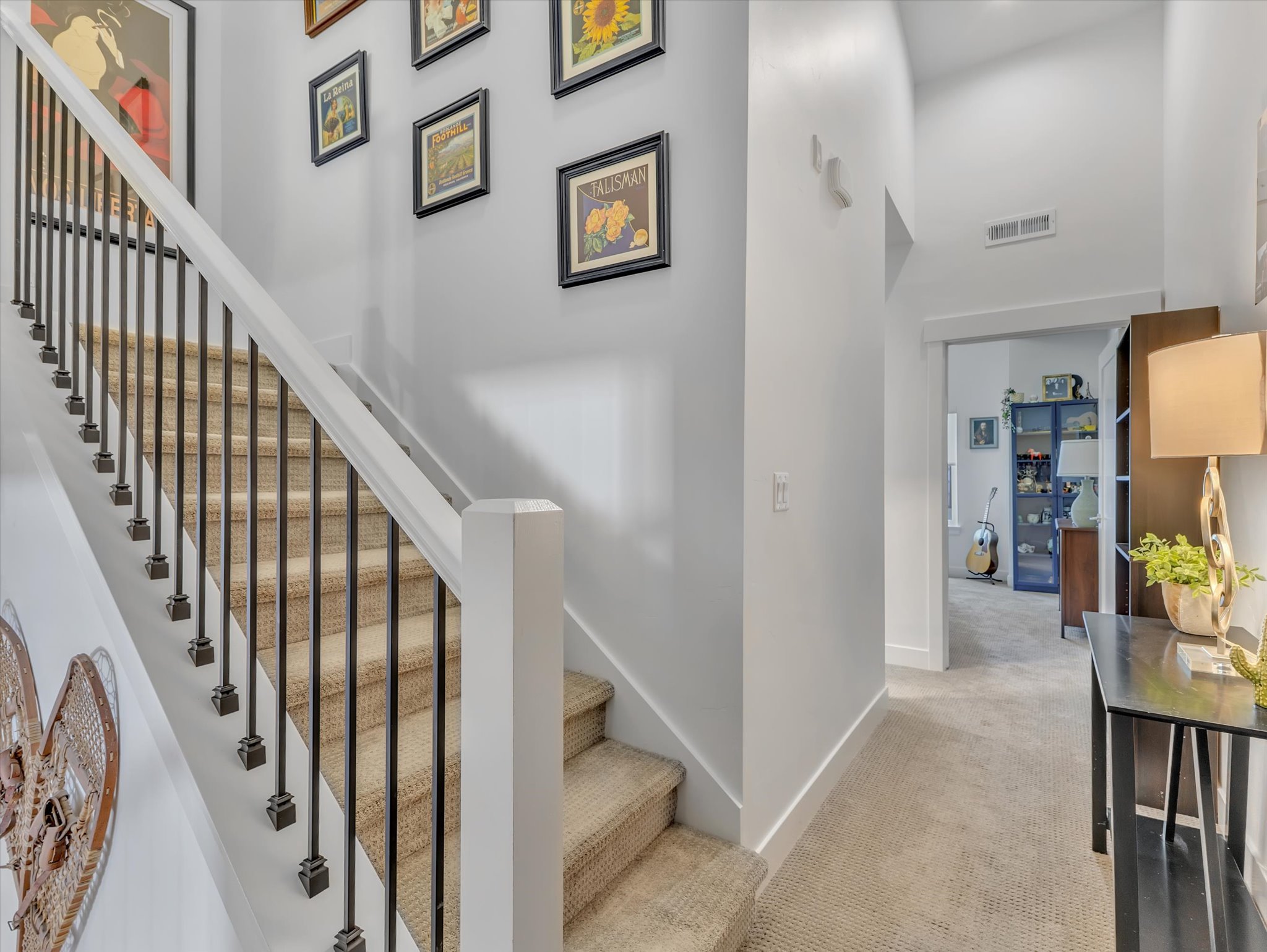 Carpeted staircase featuring a black metal baluster system with a white wood handrail