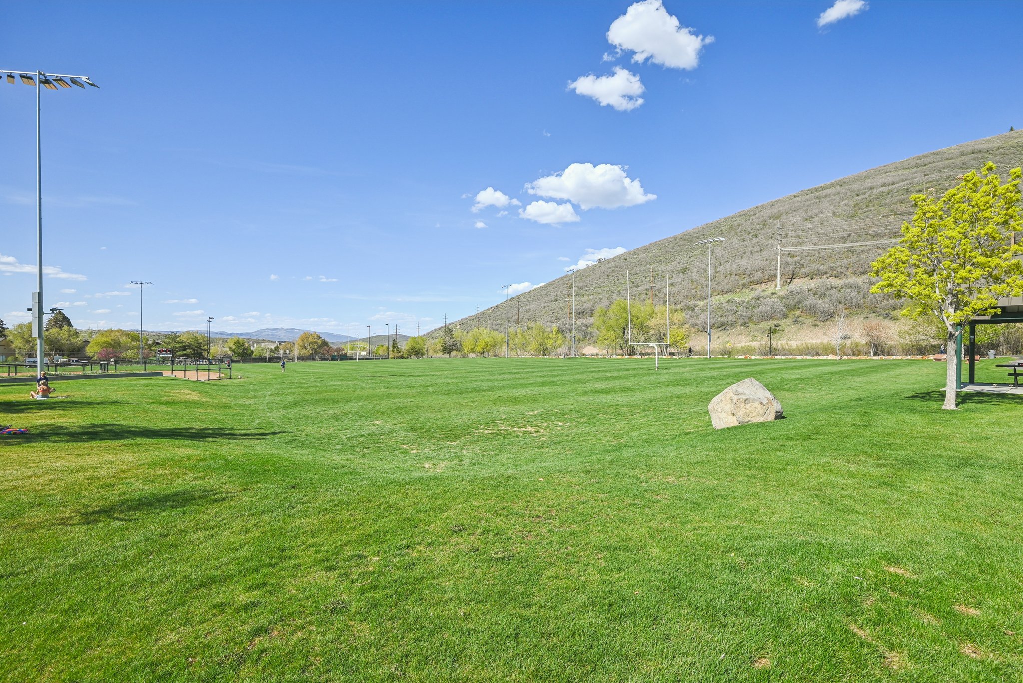 Expansive grass field featuring stadium lighting, a baseball diamond, a shaded picnic area, and mountain scenery