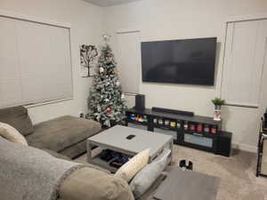 Living room featuring light-colored walls and carpeted flooring