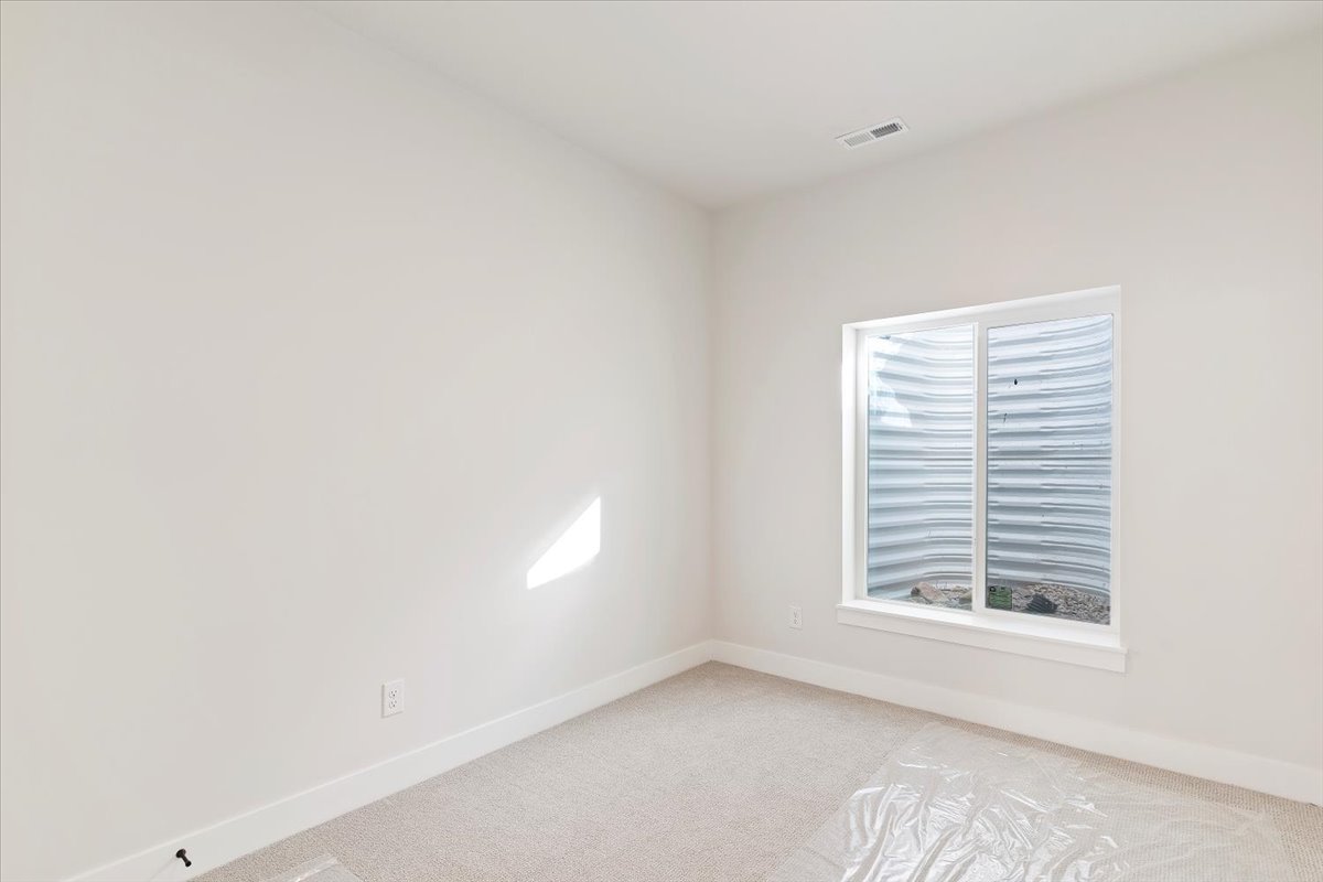 Bright room featuring a single window with a window well, light-toned walls, white trim, and carpeted flooring