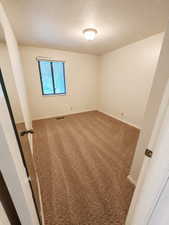 Neutral-toned walls complement the textured carpet flooring