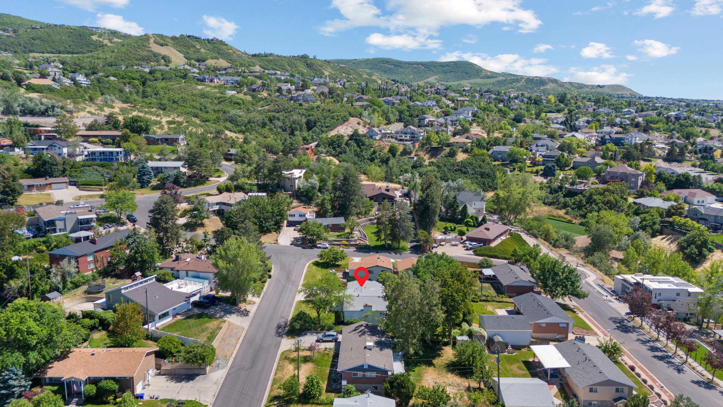 Aerial perspective showcasing the residential street with established homes, mature trees, and a mountainous backdrop