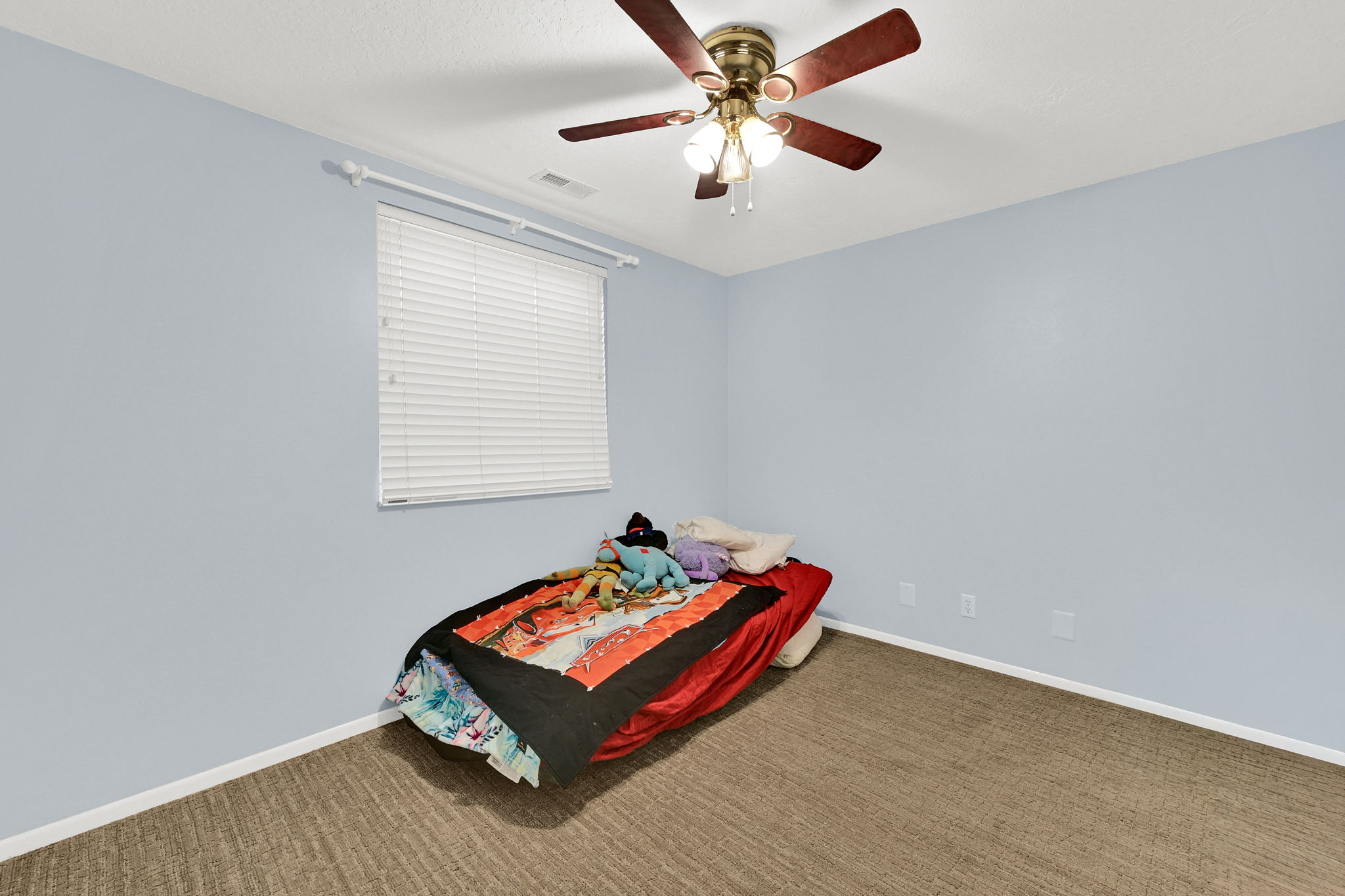 Light blue walls complemented by textured carpeting