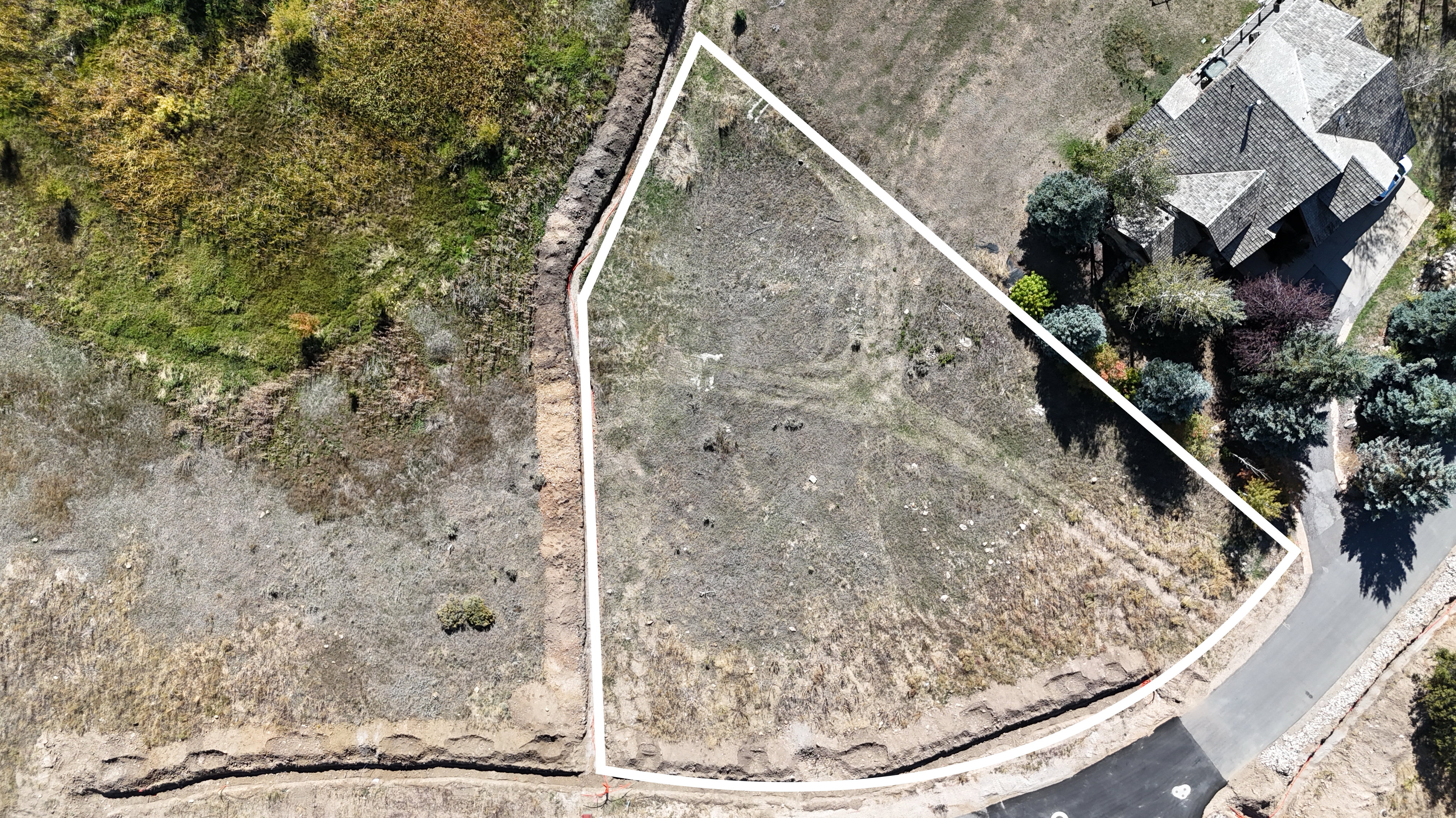 Open land parcel outlined in white, featuring varied natural ground cover