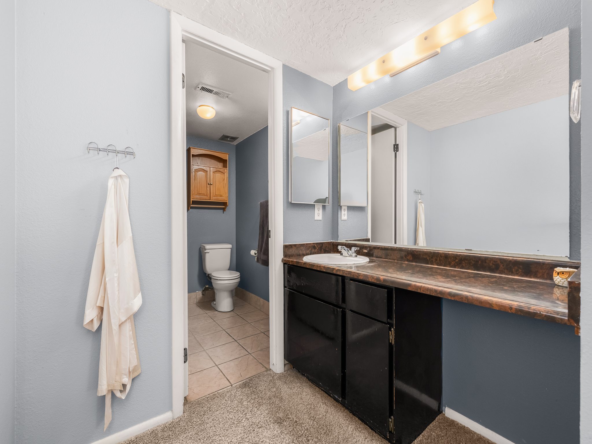 Bathroom vanity featuring a single basin sink, dark cabinetry, and an expansive mirror