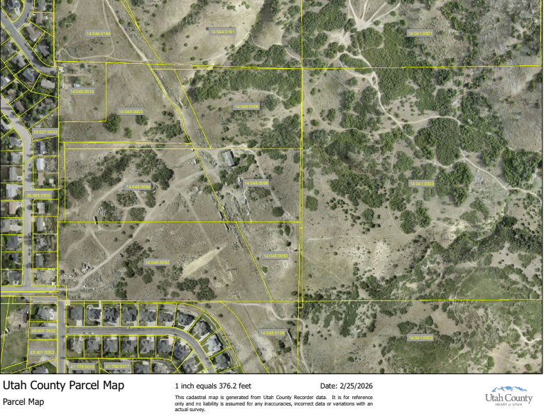 Utah County Parcel Map. Presenting an aerial overview of the property with identified parcel boundaries and corresponding identification numbers