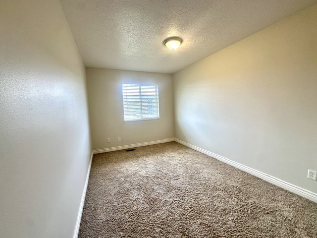 Carpeted room featuring a single window with horizontal blinds, a flush-mount ceiling light fixture, and neutral-toned walls