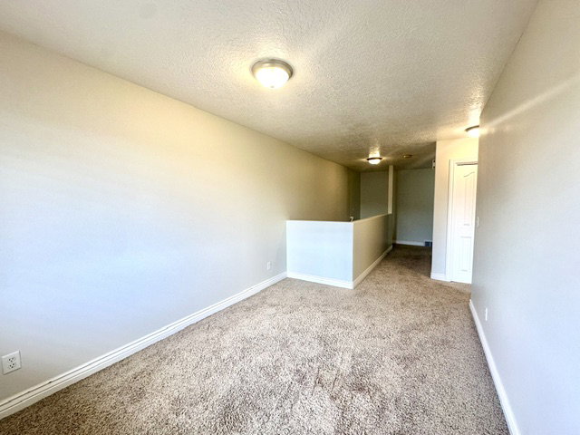 Carpeted room with light-toned walls and multiple flush-mount ceiling lights