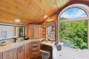 Spa-style bath featuring a jetted tub and expansive arched window