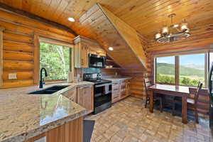 Kitchen featuring extensive wood log walls and ceilings, granite countertops, black appliances, a double basin sink with a matte black faucet, and a large window offering mountain scenery
