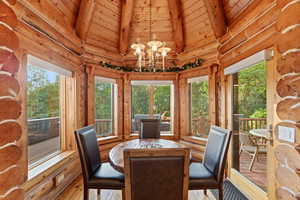 Log cabin interior with exposed timber walls and ceiling