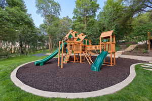 Expansive outdoor playset featuring multiple slides, climbing ladders, and elevated platforms