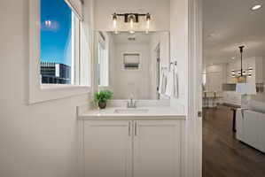 Bathroom with vanity, dark wood-type flooring, and recessed lighting