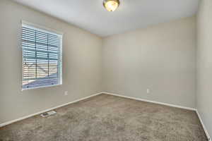 Neutral-toned room featuring a single window with horizontal blinds, tan walls, and a matching tan carpet