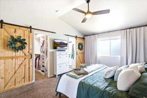 Vaulted ceilings with a ceiling fan, dual wood-finish barn doors, built-in closet organizers, and plush carpet flooring