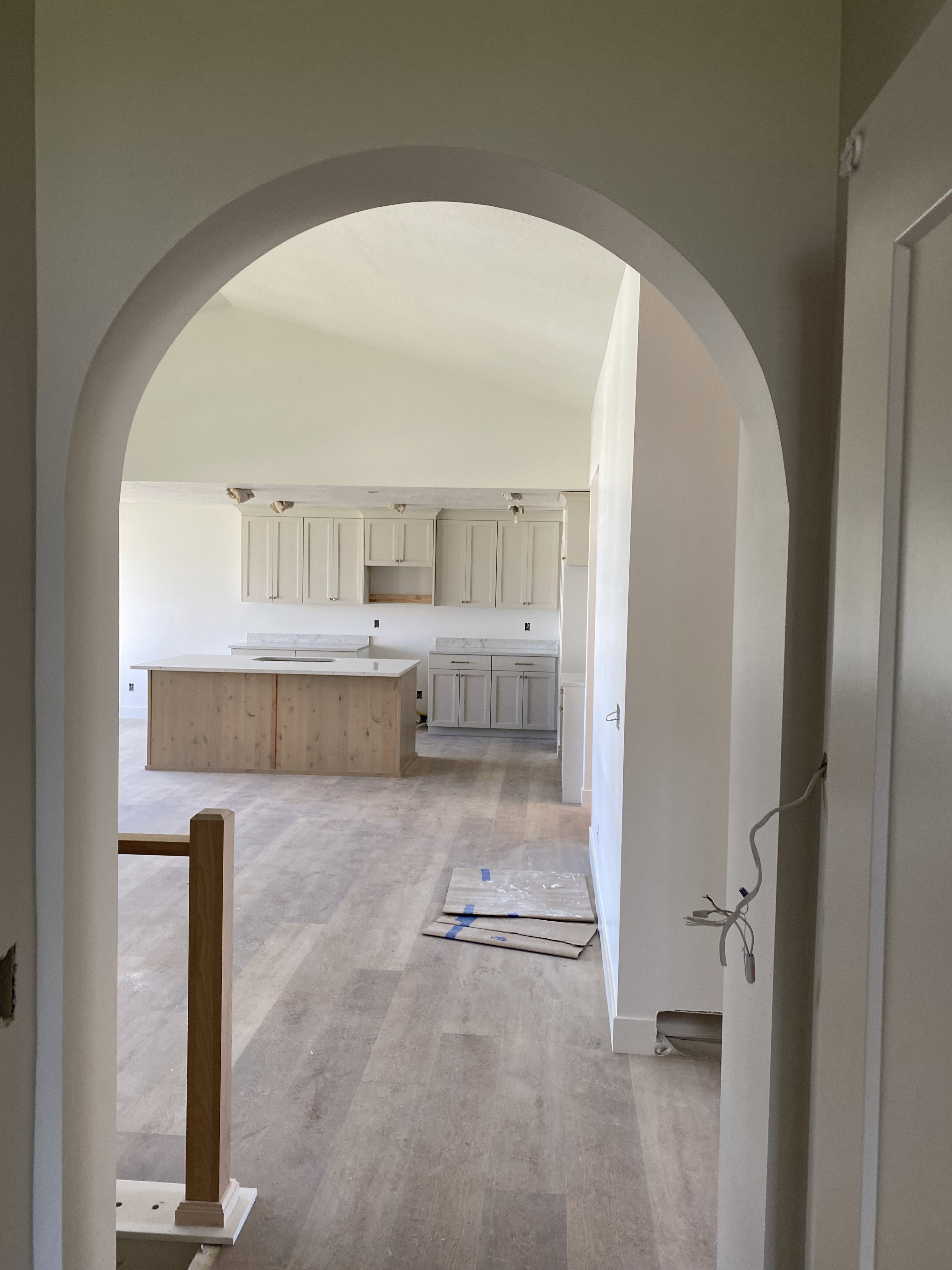 Arched doorway opening to an open-concept living space with wood-finish flooring