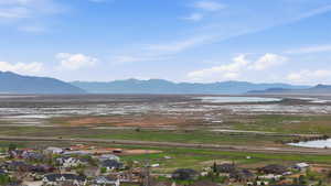 Expansive aerial perspective showcasing a residential neighborhood with diverse architectural styles, framed by distant mountains, a large body of water, and surrounding green landscapes