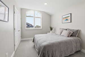 Arch-top window with white plantation shutters, neutral gray walls, light gray carpeting, and a double-door closet