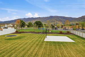 Expansive green lawn with a visible concrete sports court and an in-ground trampoline