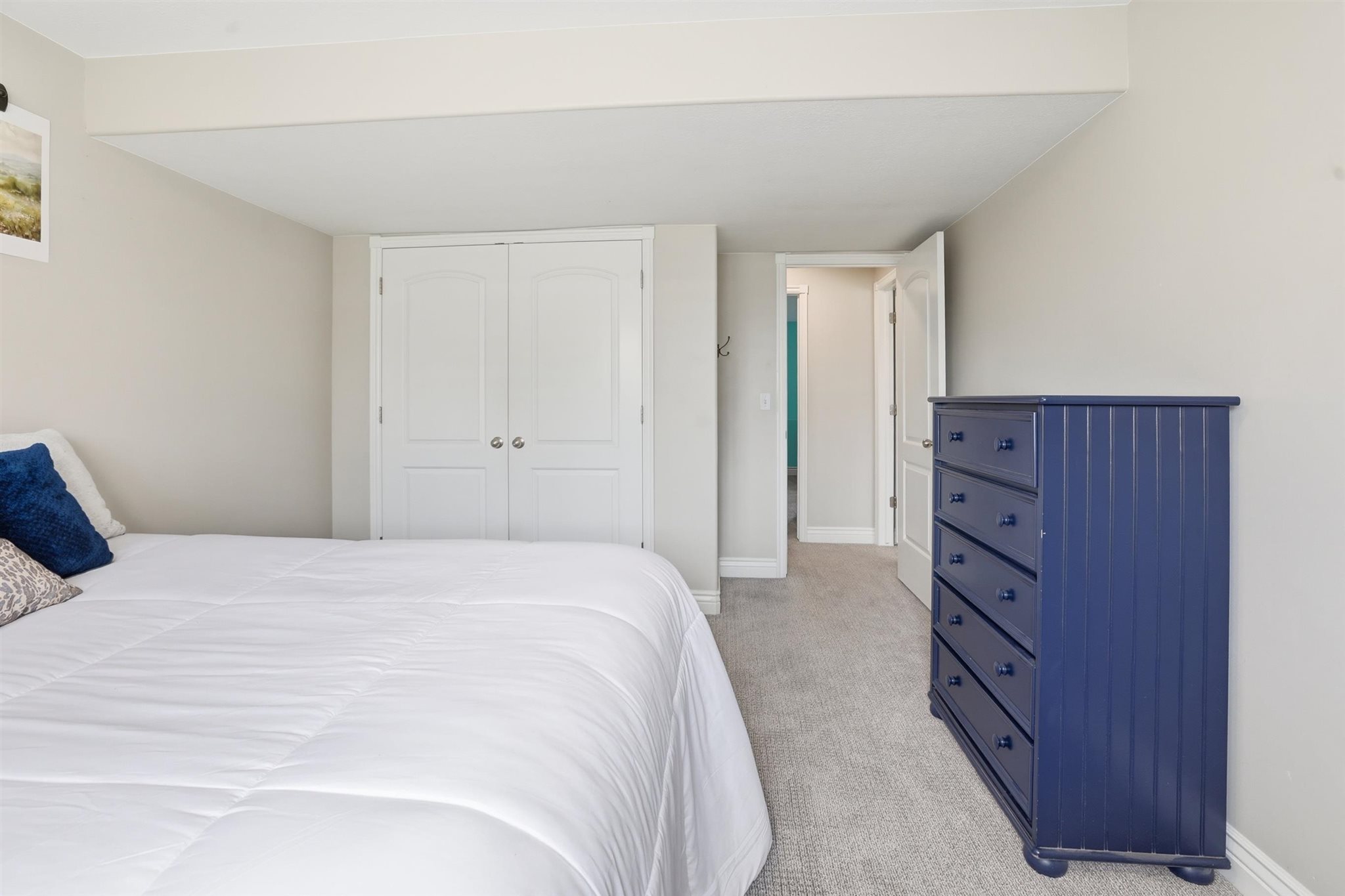 Neutral-toned walls complement the light gray carpeting
