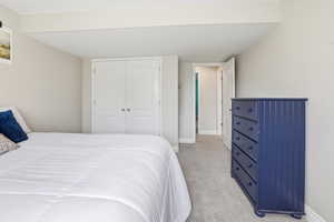 Neutral-toned walls complement the light gray carpeting
