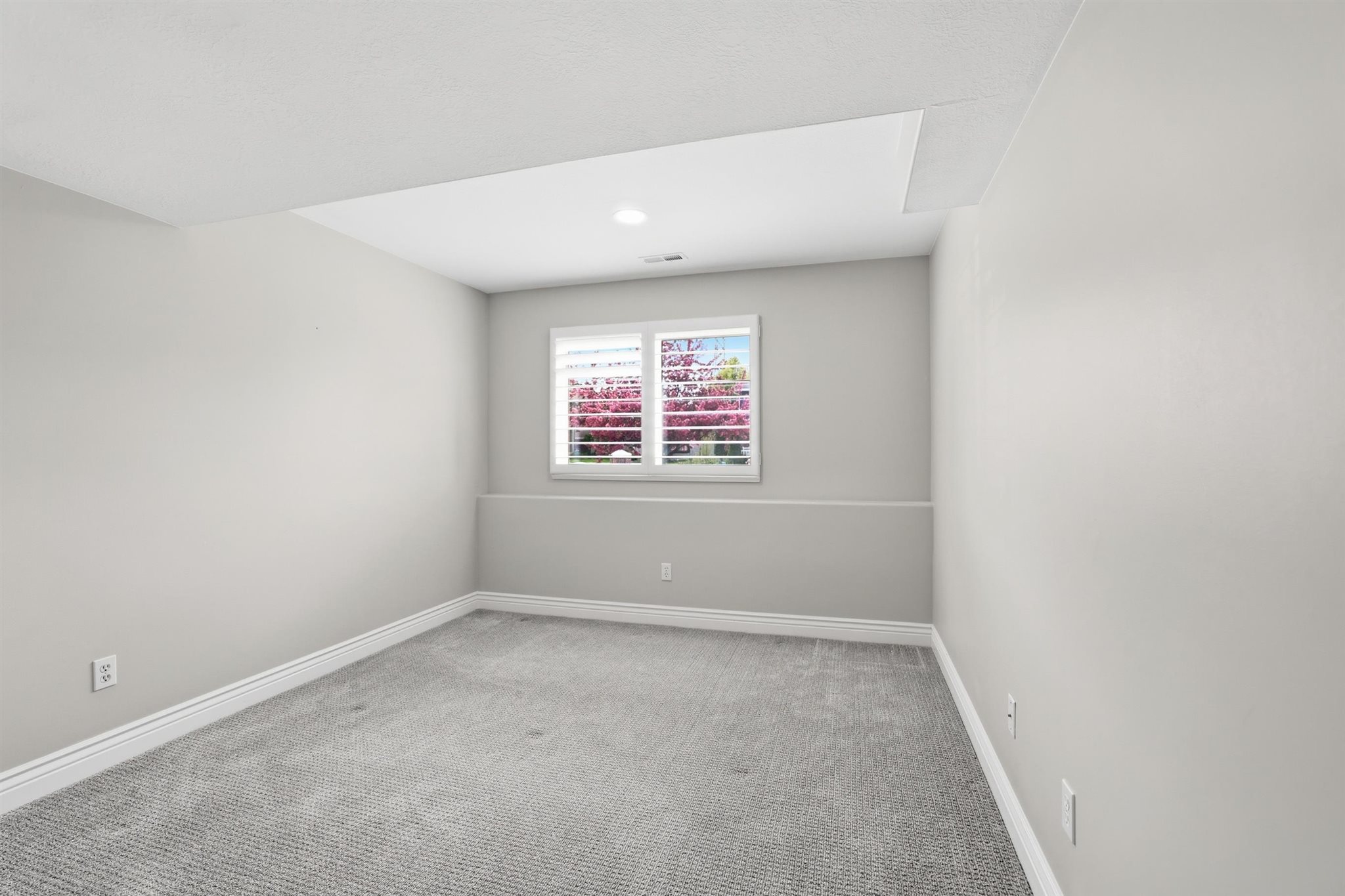 Spacious room featuring light gray carpet flooring, white baseboards, and a white window with louvered shutters