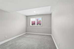 Spacious room featuring light gray carpet flooring, white baseboards, and a white window with louvered shutters