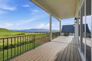 Expansive covered deck featuring composite decking, black metal railings, and dual exterior wall lanterns