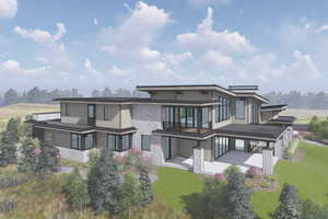 Rendering of modern architectural design featuring extensive window walls, multiple balconies, a covered patio, and stone veneer accents