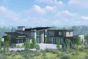 Rendering of modern architectural residence featuring multiple rooflines and large format windows