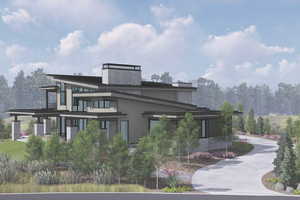Rendering of modern architectural design featuring a multi-level roofline