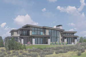 Rendering of modern architectural design featuring multi-level architecture and expansive glass windows