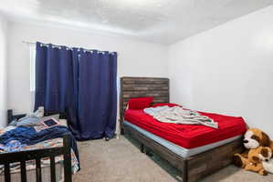 Carpeted interior room featuring a window with dark blue drapery