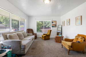 Spacious living area featuring neutral carpeting and white wall finishes