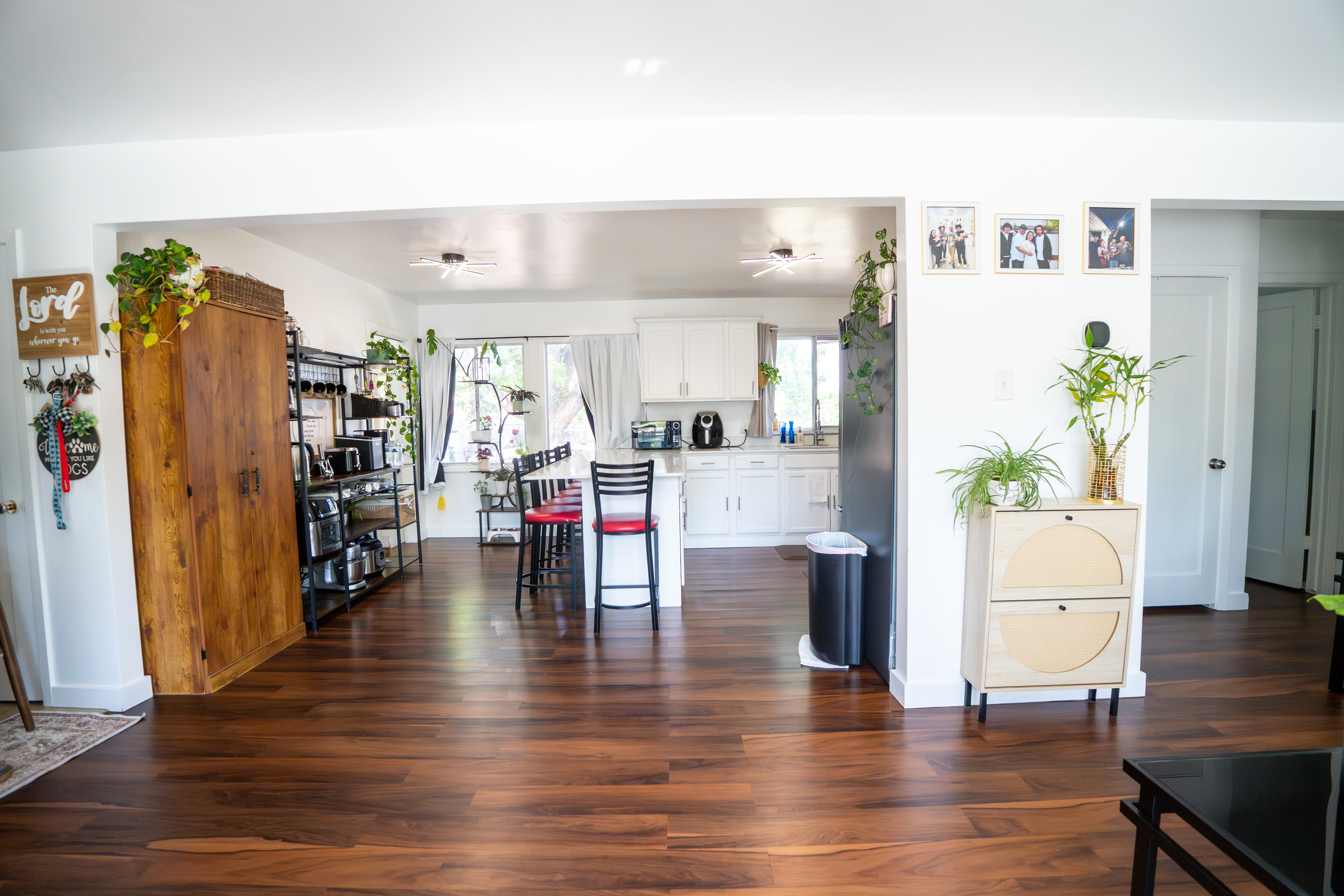 Spacious interior featuring rich wood-finish flooring throughout