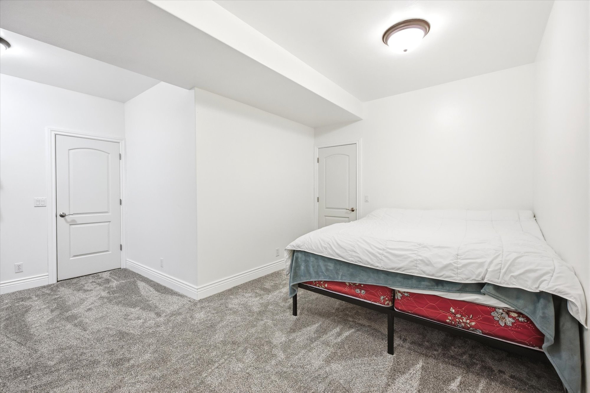Spacious room featuring light gray carpeting, white walls, two white paneled doors, and a ceiling-mounted light fixture